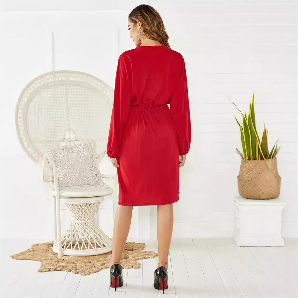 Black mid-length A-line women's dress with elastic cuffs and a cinched waist belt