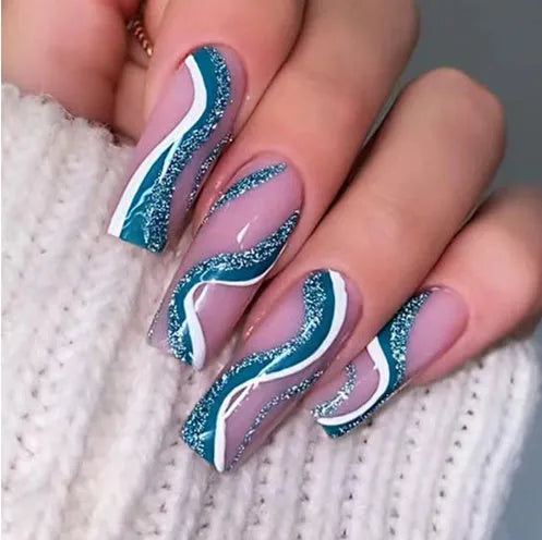 Pack of Ballet W067 wave line patterned nail stickers with pots of jelly glue on a pink background.