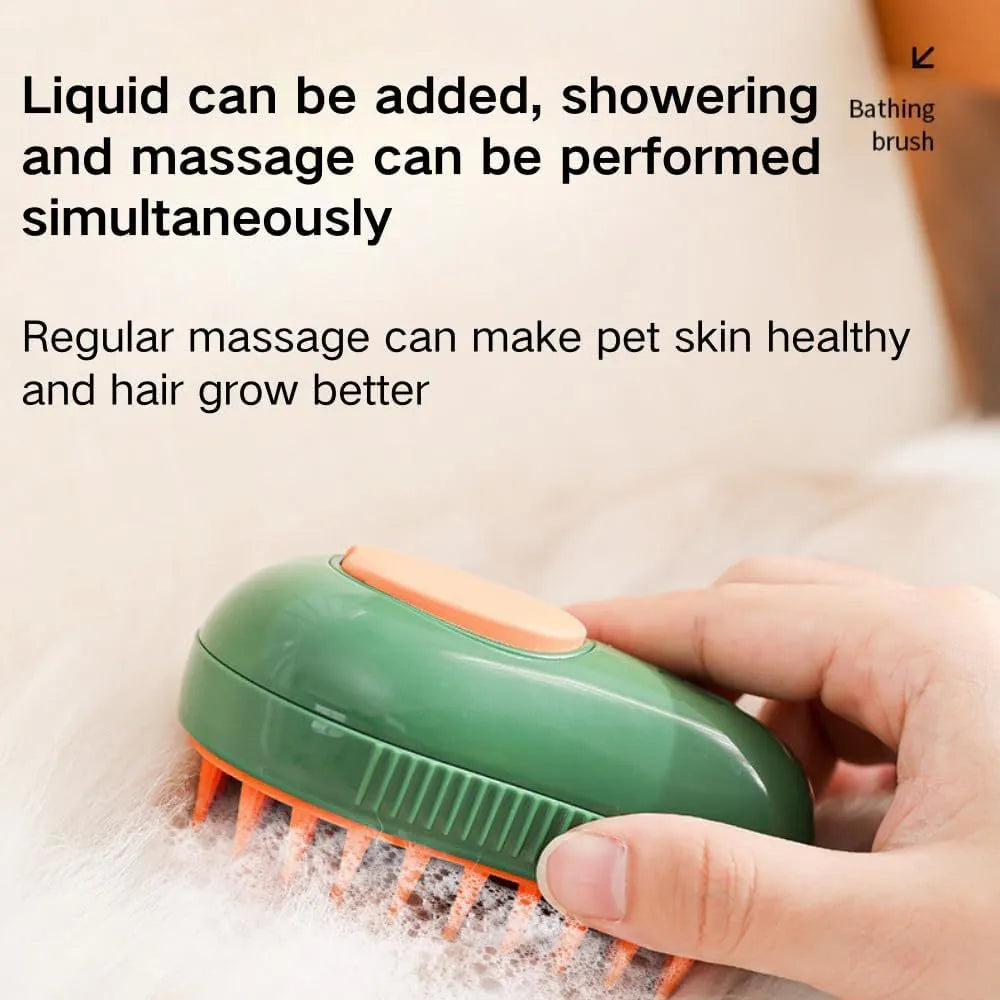 Green and white 3-in-1 cat steam brush with silicone teeth and water spray function, shown with size scale.
