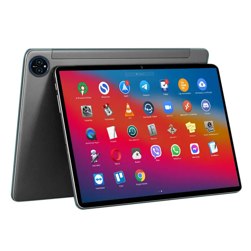 10 inch bare metal blue business tablet pc with screen, shown alongside included charger and accessories.