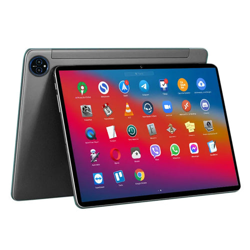 10 inch bare metal blue business tablet pc with screen, shown alongside included charger and accessories.