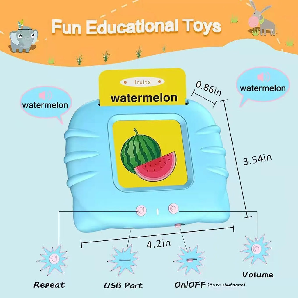 Children's English learning machine with audio book cards showing blue colour and educational interface