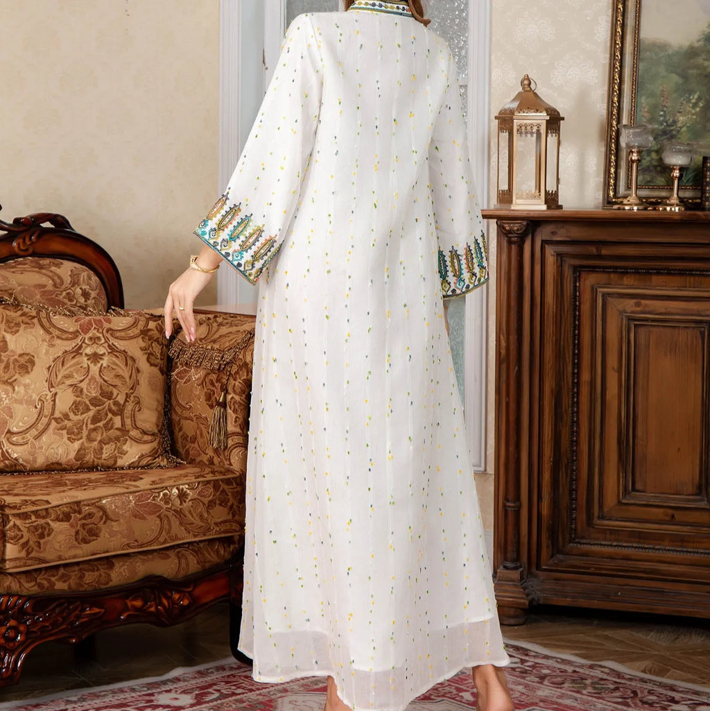 White long sleeve long skirt Dubai Arabic robe or kaftan for women.