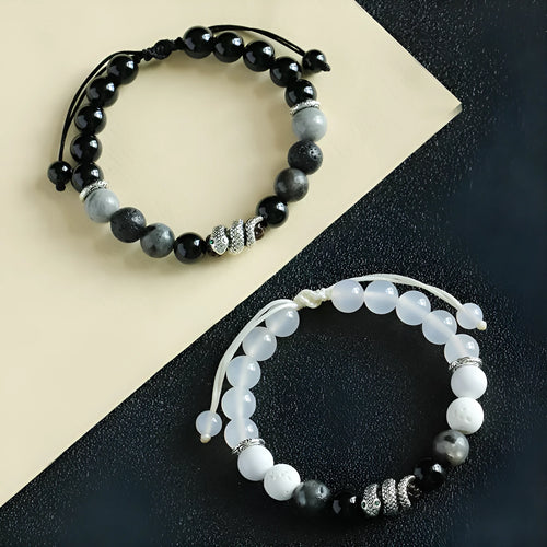 Black and white agate couple bracelets with blessing snake design and glitter accents