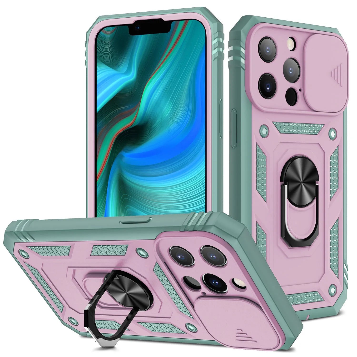 Blue magnetic mobile phone case with a sliding stand bracket open, for Apple iPhone.