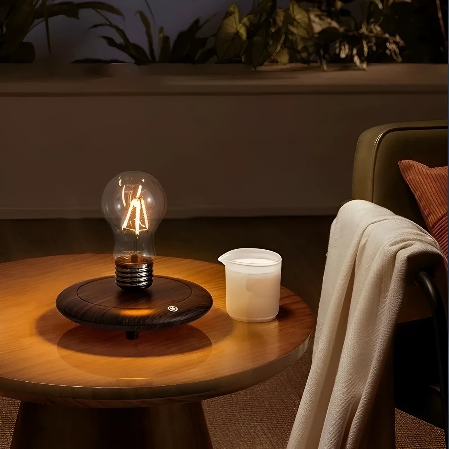 Iron art suspension bulb night lamp on a square wooden base for desktop decoration.