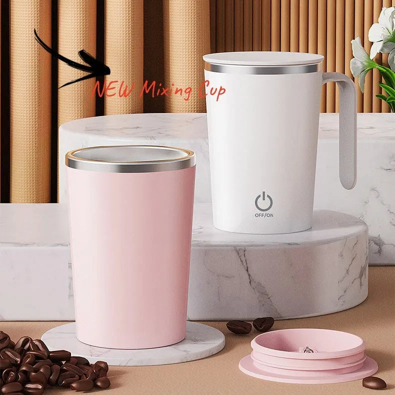 White automatic stirring electric mixing cup with minimalist design and USB cable.