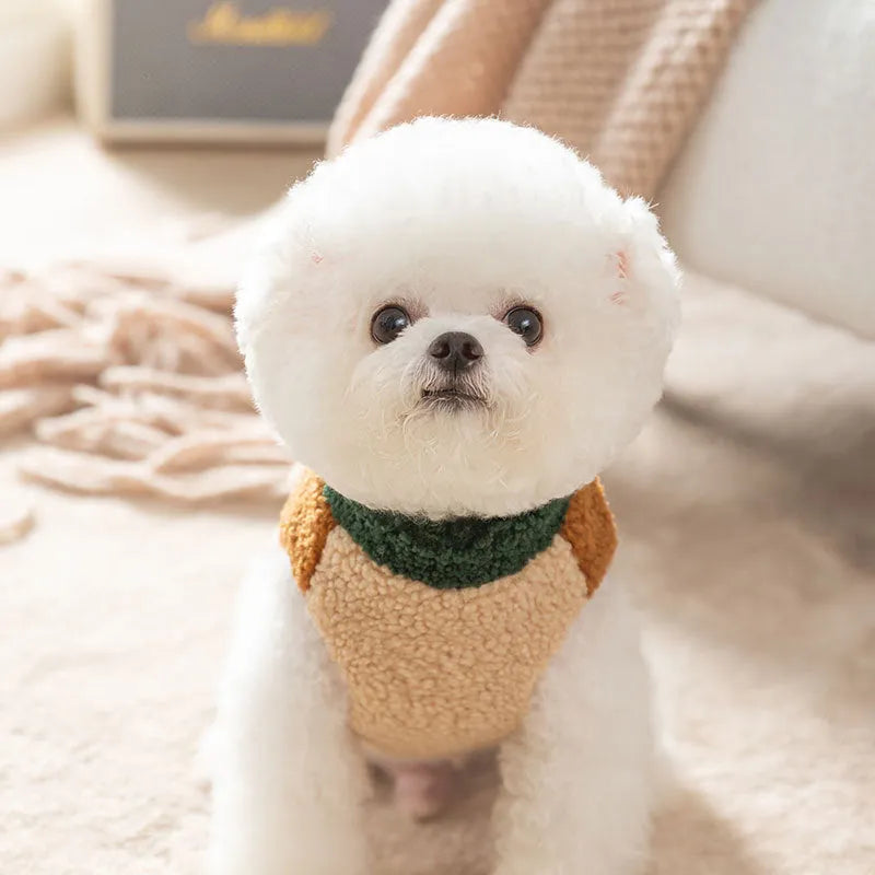 Color-block pet fleece jacket with squirrel patch in green brown beige for small dogs