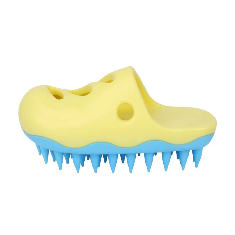 Blue and yellow TPR dog bath massage brush with three head pattern options for pet grooming
