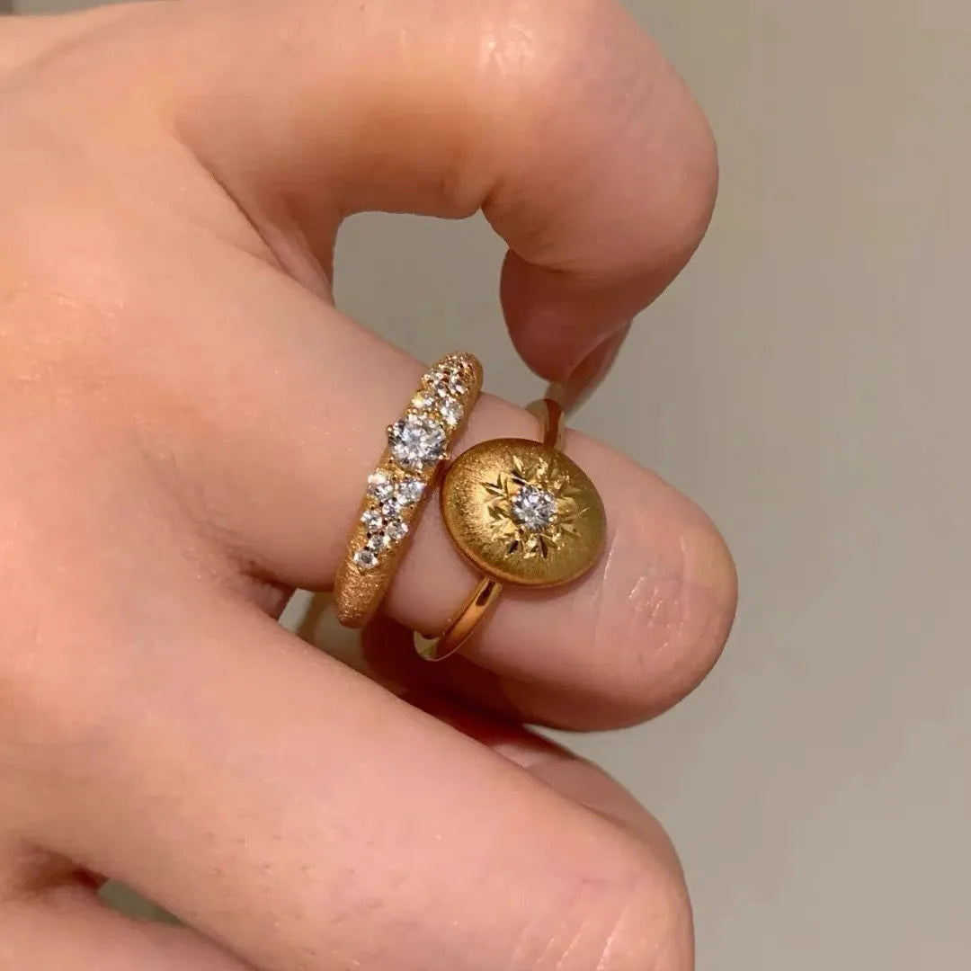 Vintage French retro adjustable copper ring with carved snowflake and star motif in gold colour