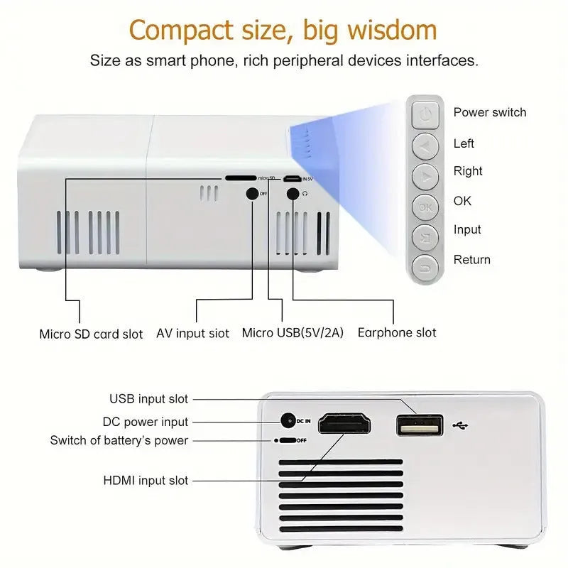 M100 portable mini home projector in black or white colour with remote control.