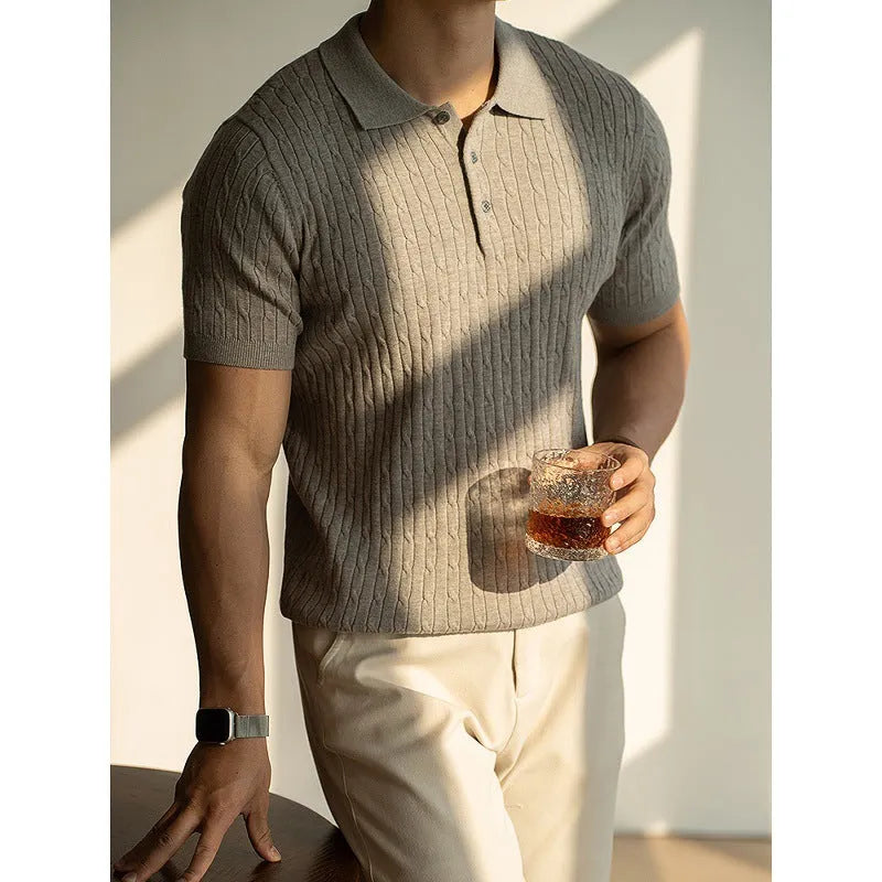 Men's khaki short-sleeve versatile top on a hanger, showing business casual style.