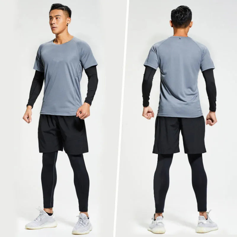 Quick-drying sports suit with short sleeves and pants in gray, black, or white for running and gym workouts
