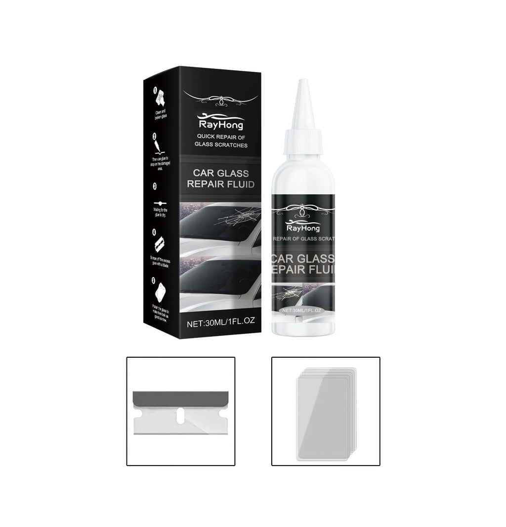 Automotive glass repair adhesive kit with 30ml bottle, blade, and five curing films for windscreen chip repair