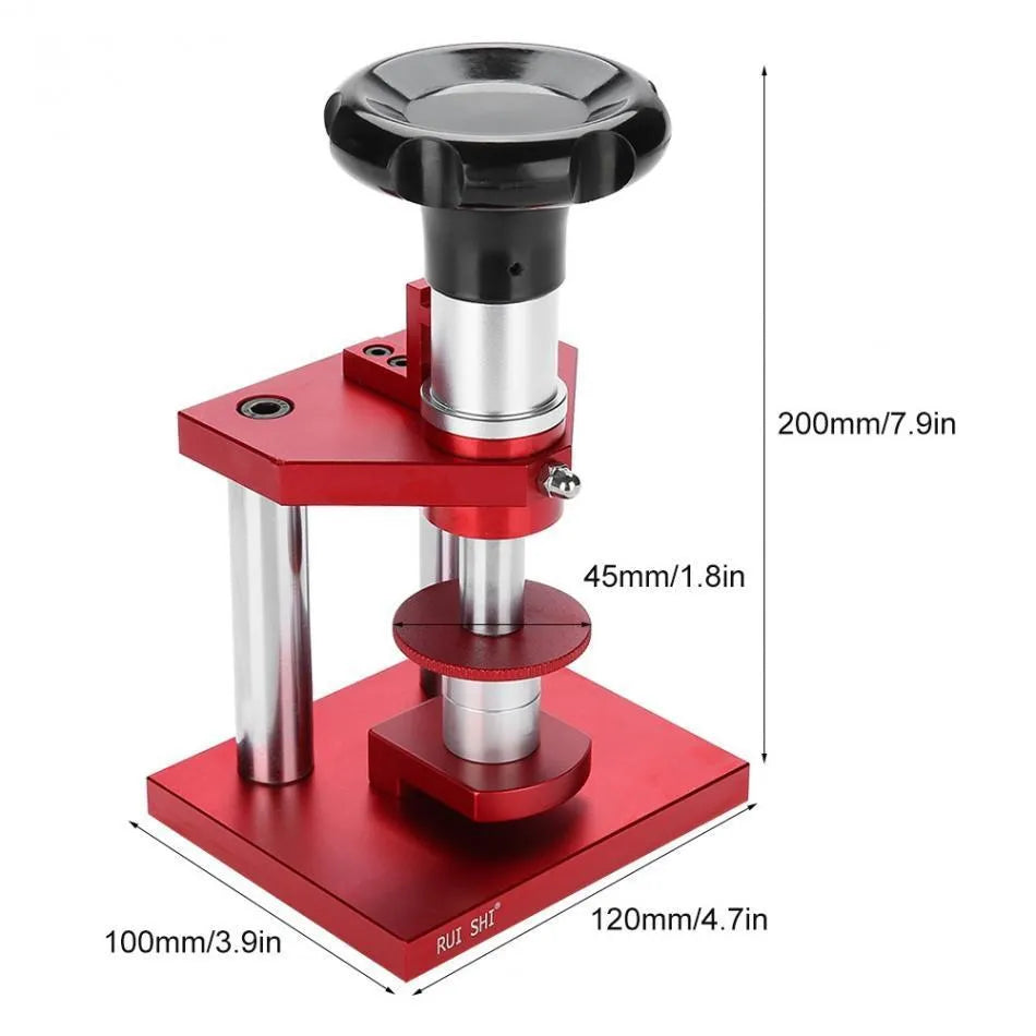 Spiral cap presser watch repair tool with a set of 20 plastic moulds for watch back covers.