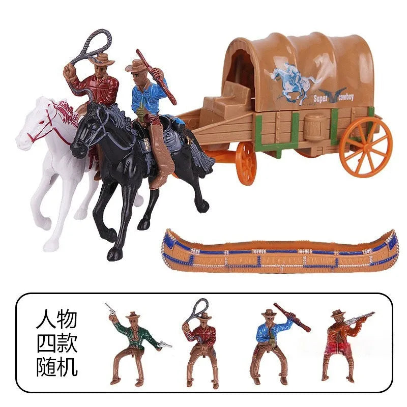 Western cowboy pulling a carriage sand play set with 19 burgundy pieces including Native Americans, cowboys, and fence