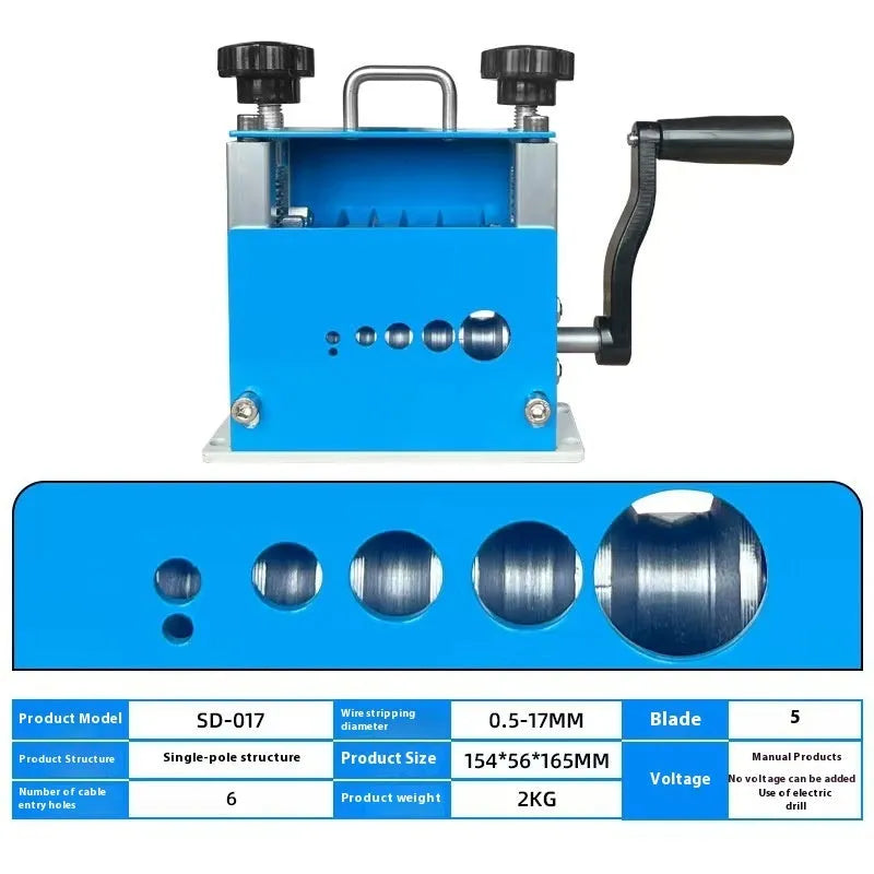 SD-017 manual wire stripping machine with adjustable jaws for cables from 0.5 to 17 millimetres.