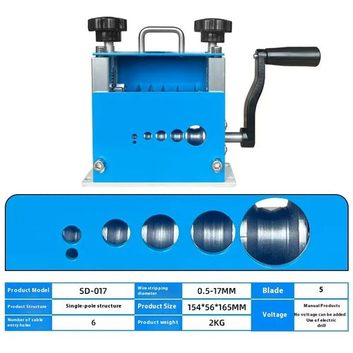 SD-017 manual wire stripping machine with adjustable jaws for cables from 0.5 to 17 millimetres.