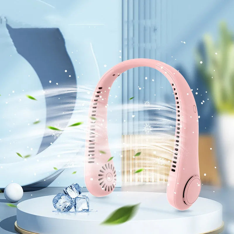 White rechargeable bladeless neck fan hanging around neck showing annular air outlet design