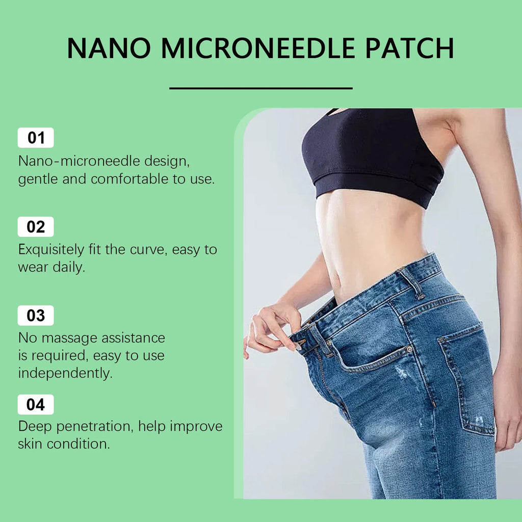 Four slimming nano microneedle patches on backing card, showing PE sticker and microneedle surface.