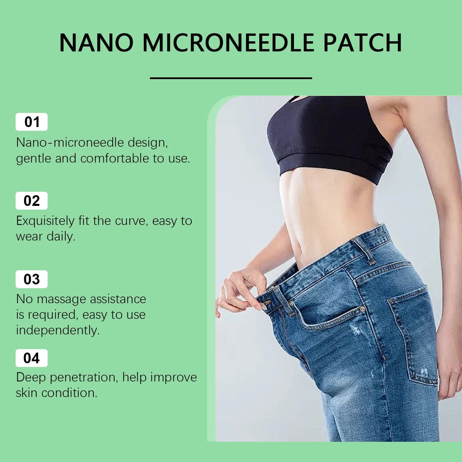 Four slimming nano microneedle patches on backing card, showing PE sticker and microneedle surface.