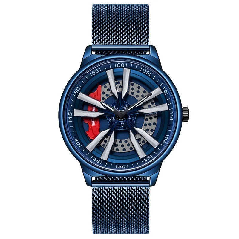 Men's creative rotating wheel quartz watch with blue dial and steel strap, 44mm alloy case