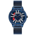 Men's creative rotating wheel quartz watch with blue dial and steel strap, 44mm alloy case