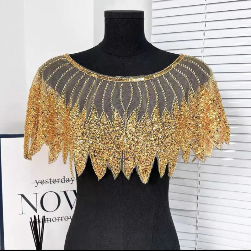 Champagne polyester bridal front and rear shawl draped over shoulders for wedding wear