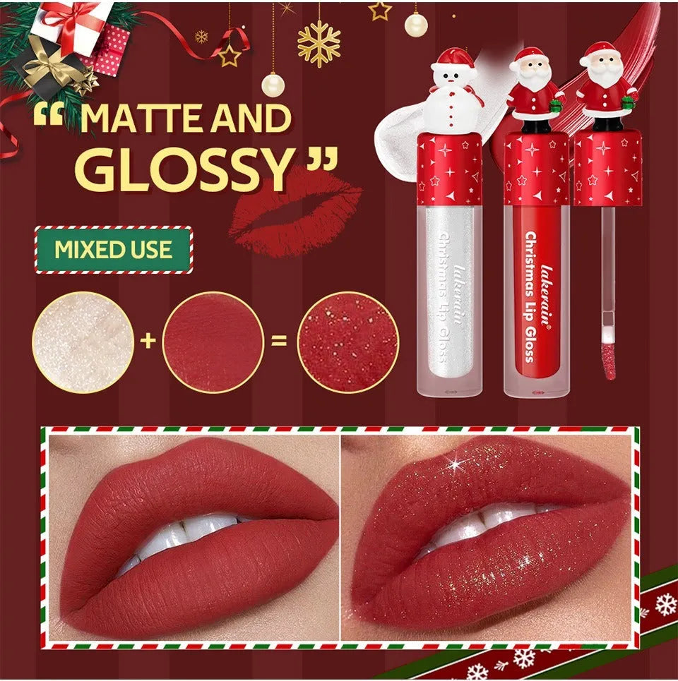 Christmas lip gloss set 6-piece red matte velvet, festive makeup gift, red shades in compact packaging