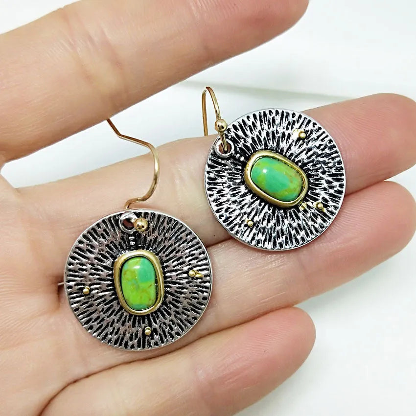 Retro turquoise and antique silver colour separation earrings with electroplated finish