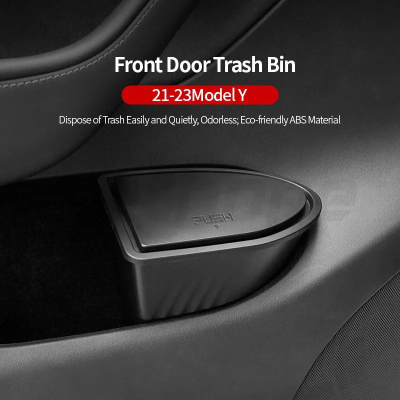 Two black ABS plastic storage bins designed for Tesla Model Y front door pockets