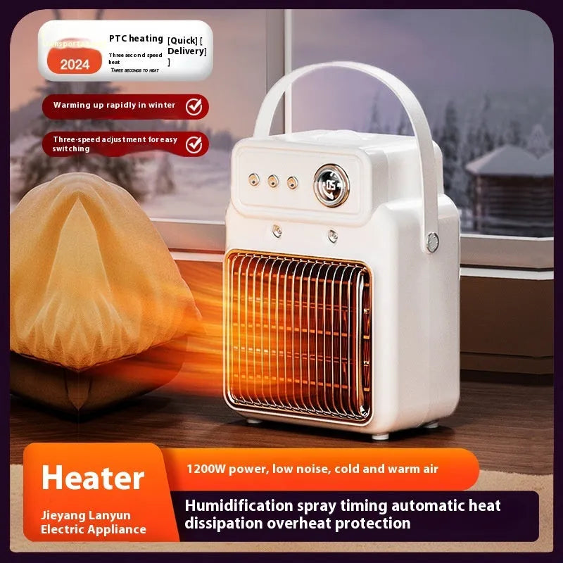 White portable table heater with humidifier function and digital control panel.
