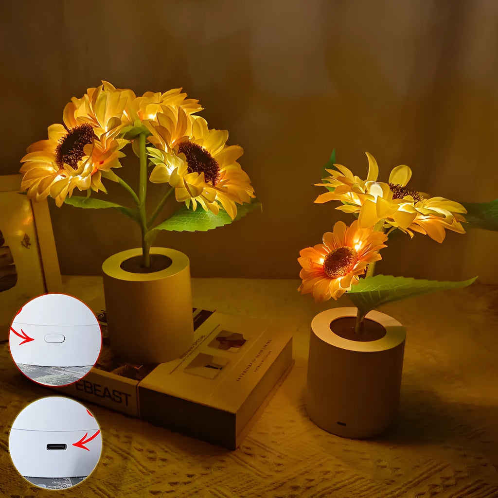 Rechargeable artificial sunflower LED night light on table with USB cable