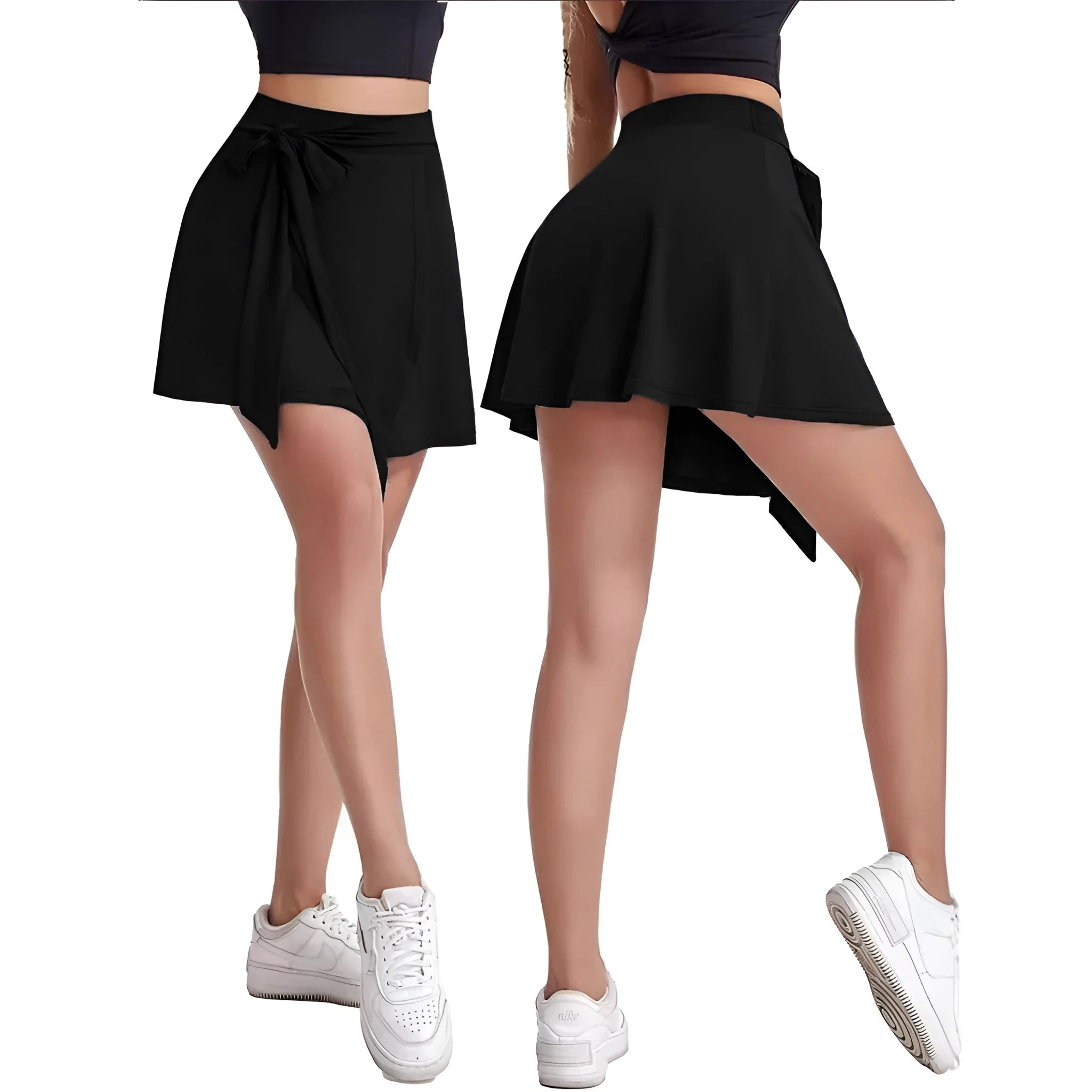 Black thigh-length sports skirt with built-in shorts, high waist, and shoulder straps laid flat.