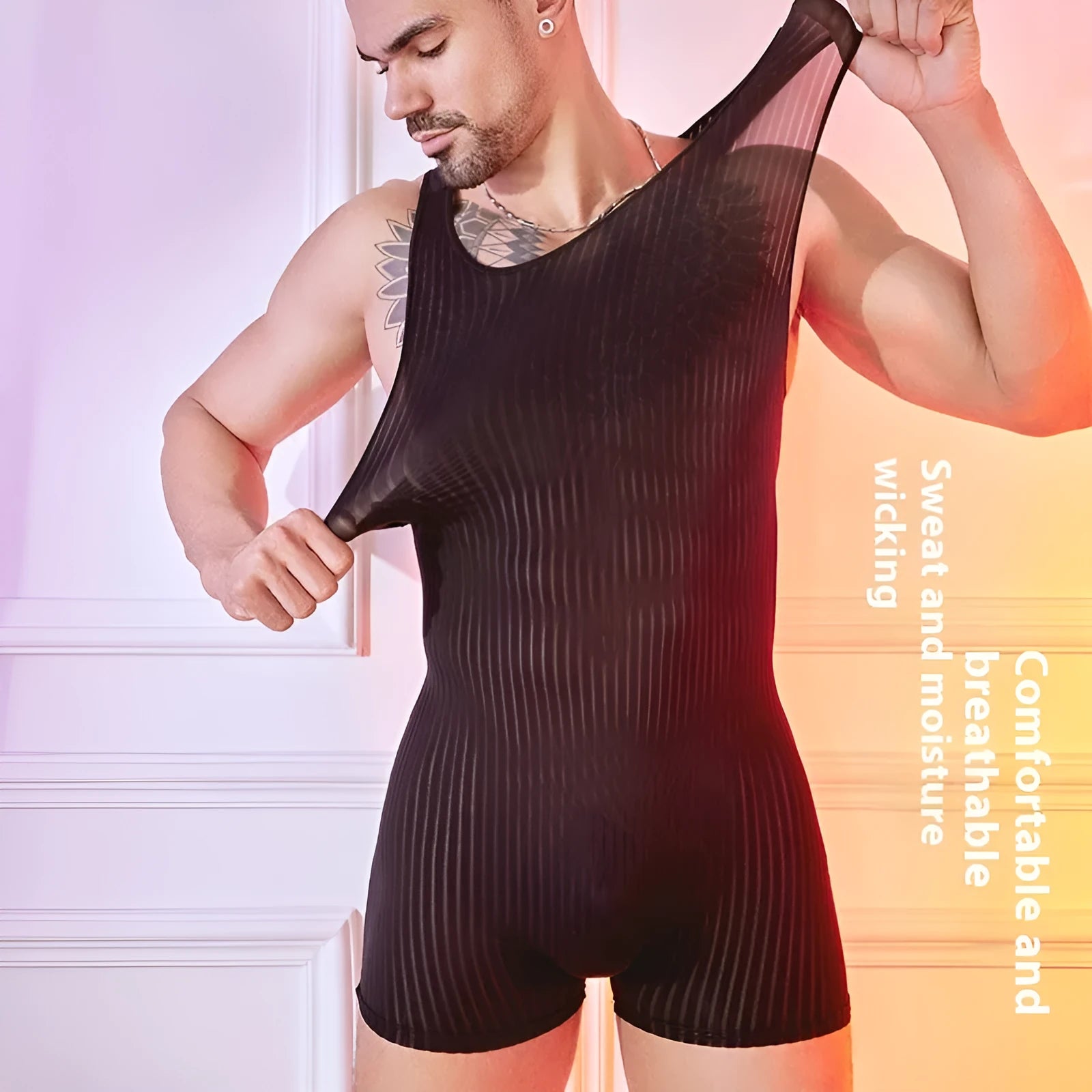 Men's striped nylon jumpsuit in black, dark grey or white colour with free size fit