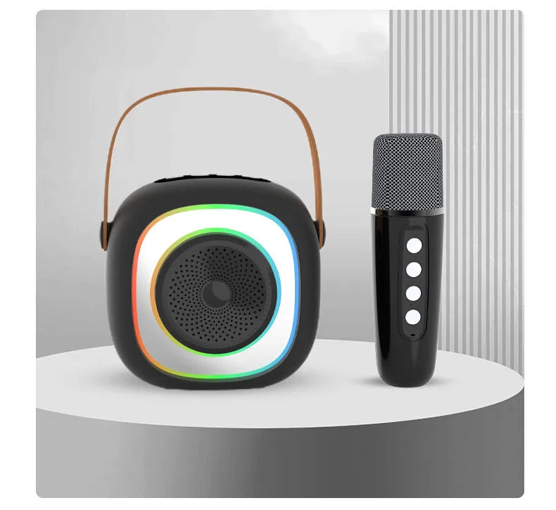 Wireless karaoke microphone in black with wheat detailing showing Bluetooth connectivity and lighting functions