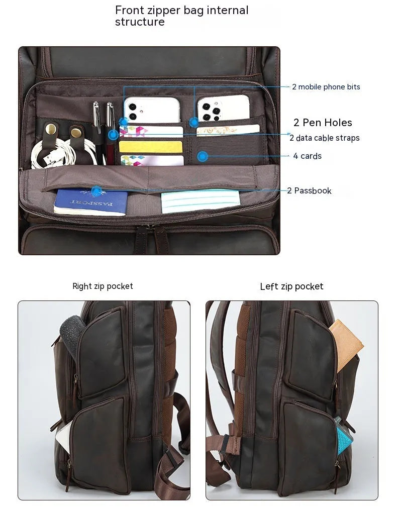 Dark brown genuine crazy horse leather backpack for men showing open pockets and organised internal compartments for a 17-inch laptop.