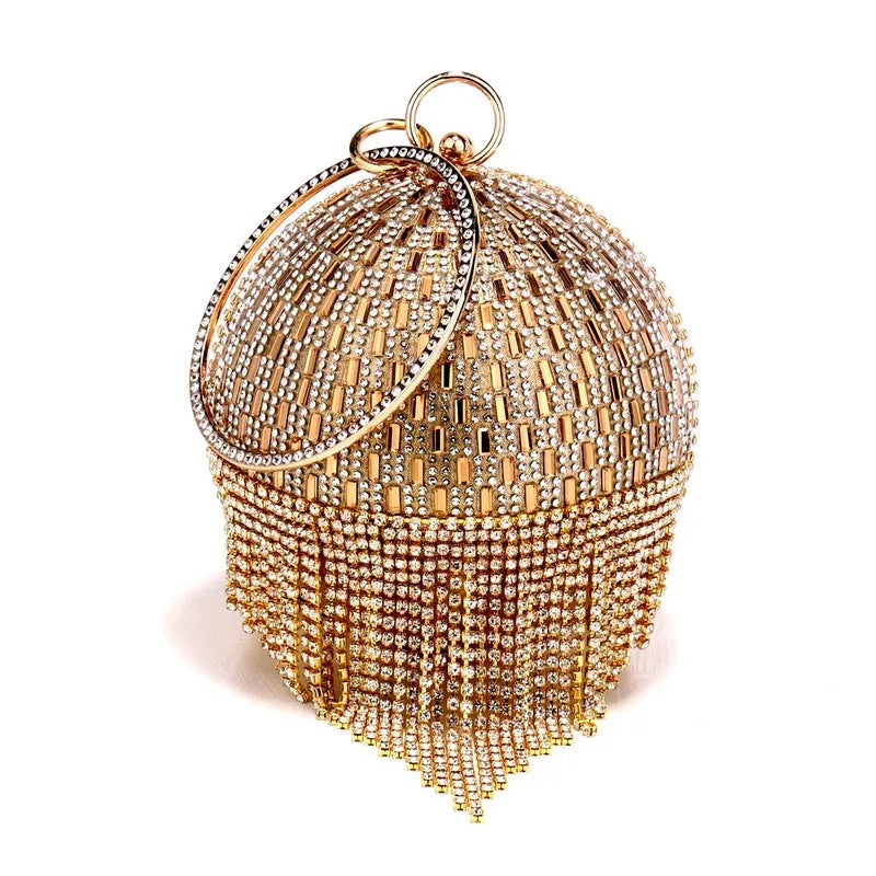 Shining rhinestone round tassel dinner bag in black with document pocket