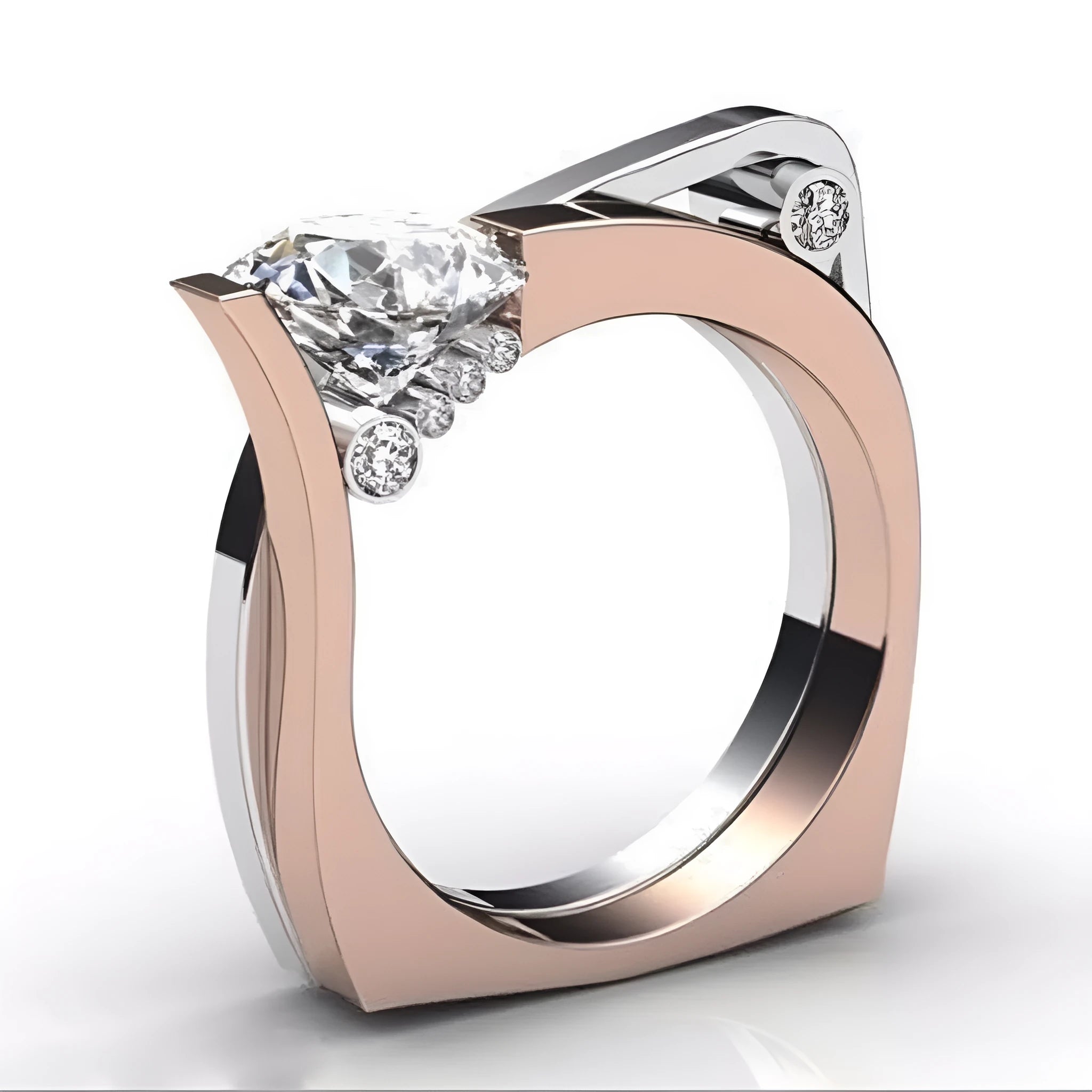Rose gold women's ring with geometric band and inlaid zircon stones on a white background.