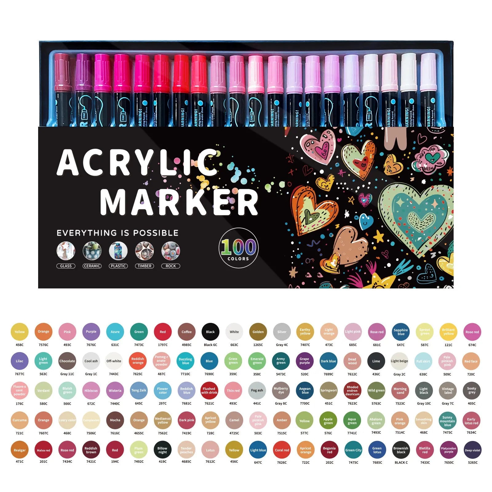 Set of household stackable dual-tip acrylic markers in multiple colours with caps on