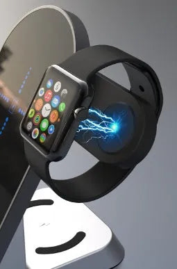 Black six-in-one multifunctional alarm clock with wireless phone charging pad and digital display.
