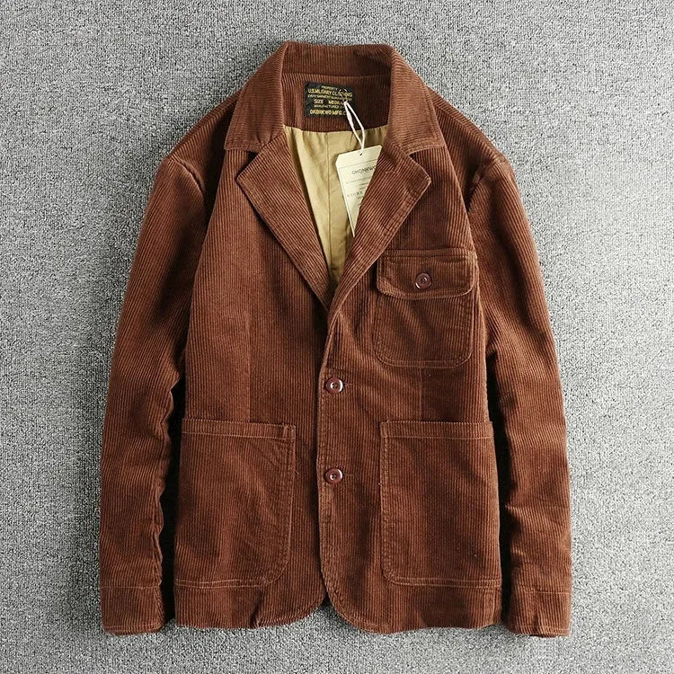 Heavy amekaji retro washed pure cotton corduroy casual jacket for men in brown