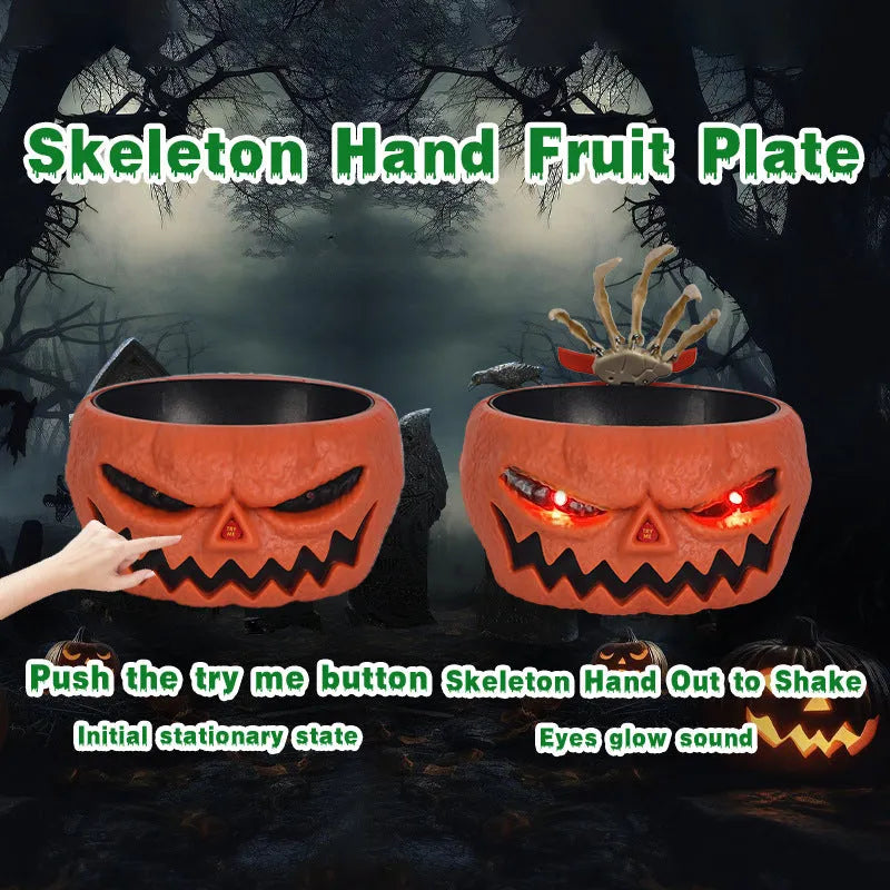 Plastic Halloween candy bowl with motion-activated skeleton hand and lighted red eyes in Grey, Khaki or Pumpkin colour