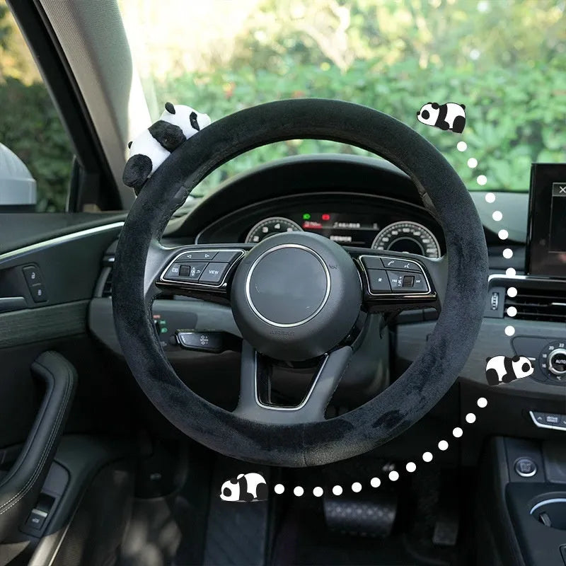 Black panda plush steering wheel cover and matching shoulder pad set for cars