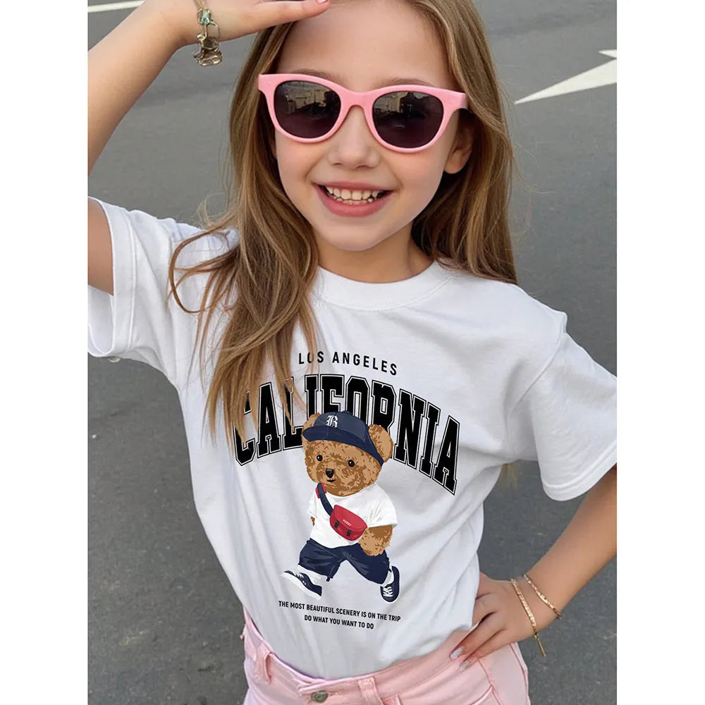 Children's casual short sleeve T-shirt with cartoon bear print in white polyester, suitable for kids 100-160cm height