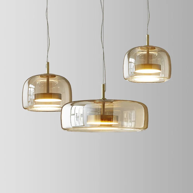 Single head glass pendant lamp with iron body, adjustable 1.5 m drop, in clear, cognac, amber, smoky grey or coffee