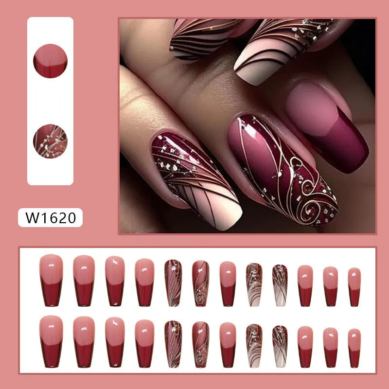 W1620 French line pattern fake nails and glue on a white background