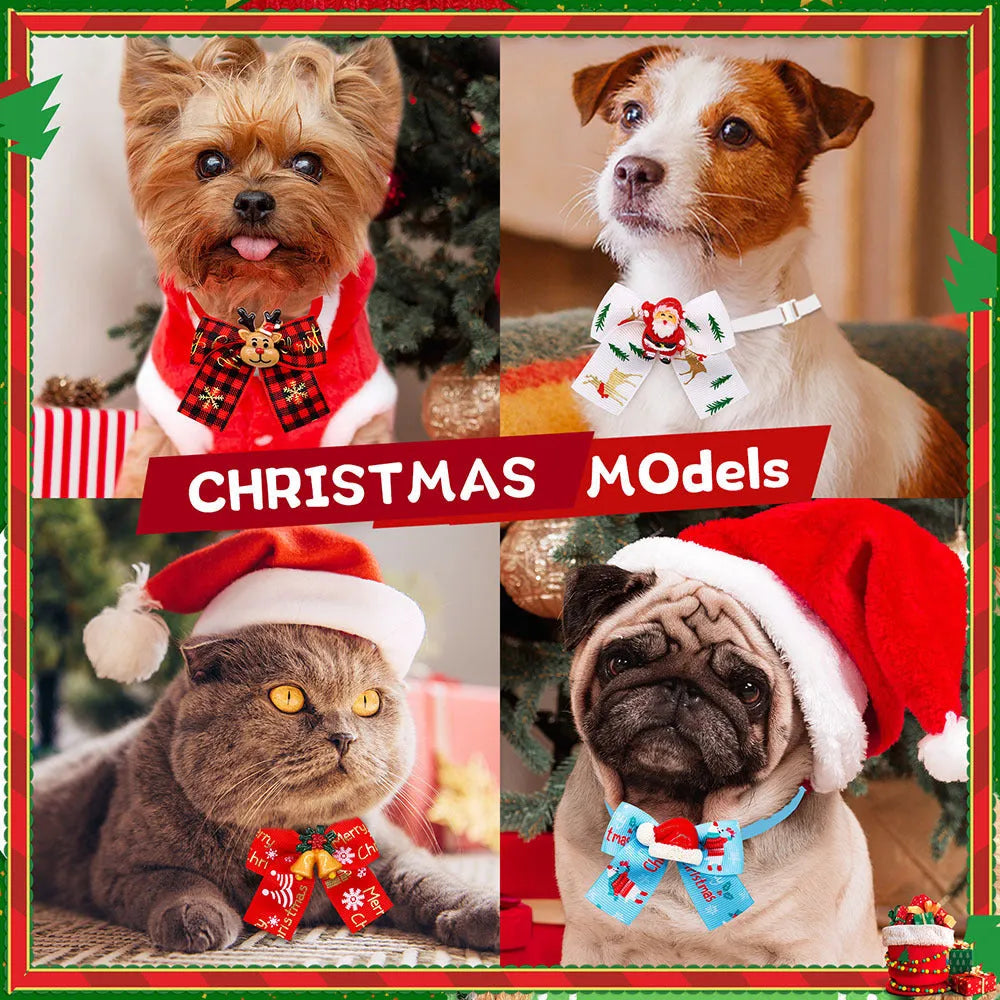 Christmas pet bow tie accessories for dogs and cats in red and green patterns