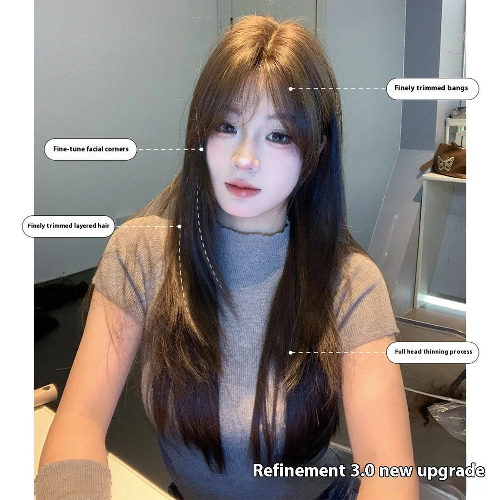 Cold brown straight layered synthetic women's wig with lace front on display