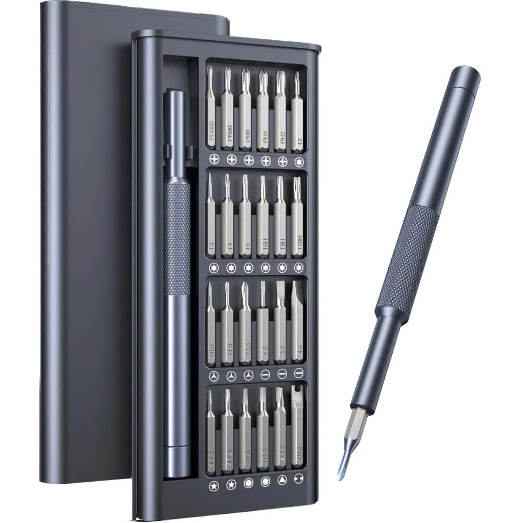 25-in-one magnetic precision screwdriver set with chrome vanadium steel bits and black knurled ABS handle.